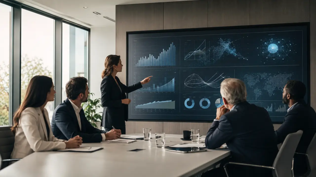 Équipe dirigeante analysant des données commerciales dans un bureau moderne