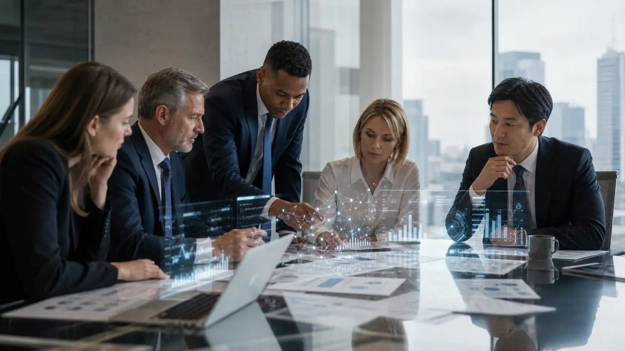 Bureau moderne lumineux avec une équipe en réunion stratégique en arrière-plan