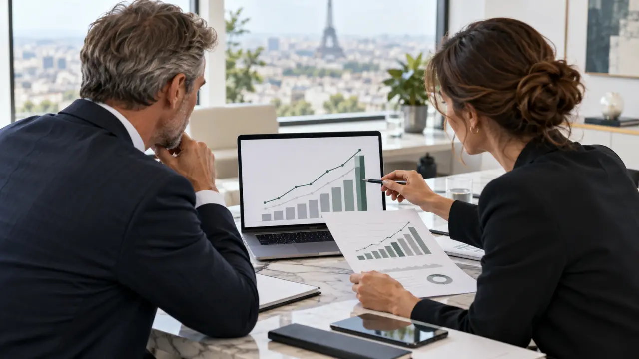 Équipe de direction analysant des indicateurs de croissance et de rentabilité