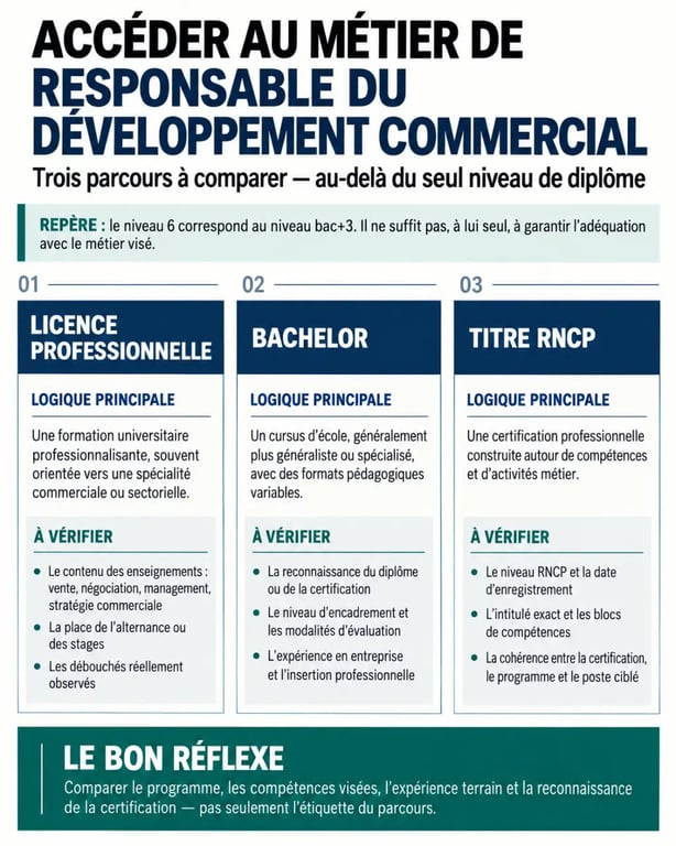 Formation responsable développement commercial : comparaison entre licence professionnelle, bachelor et titre RNCP