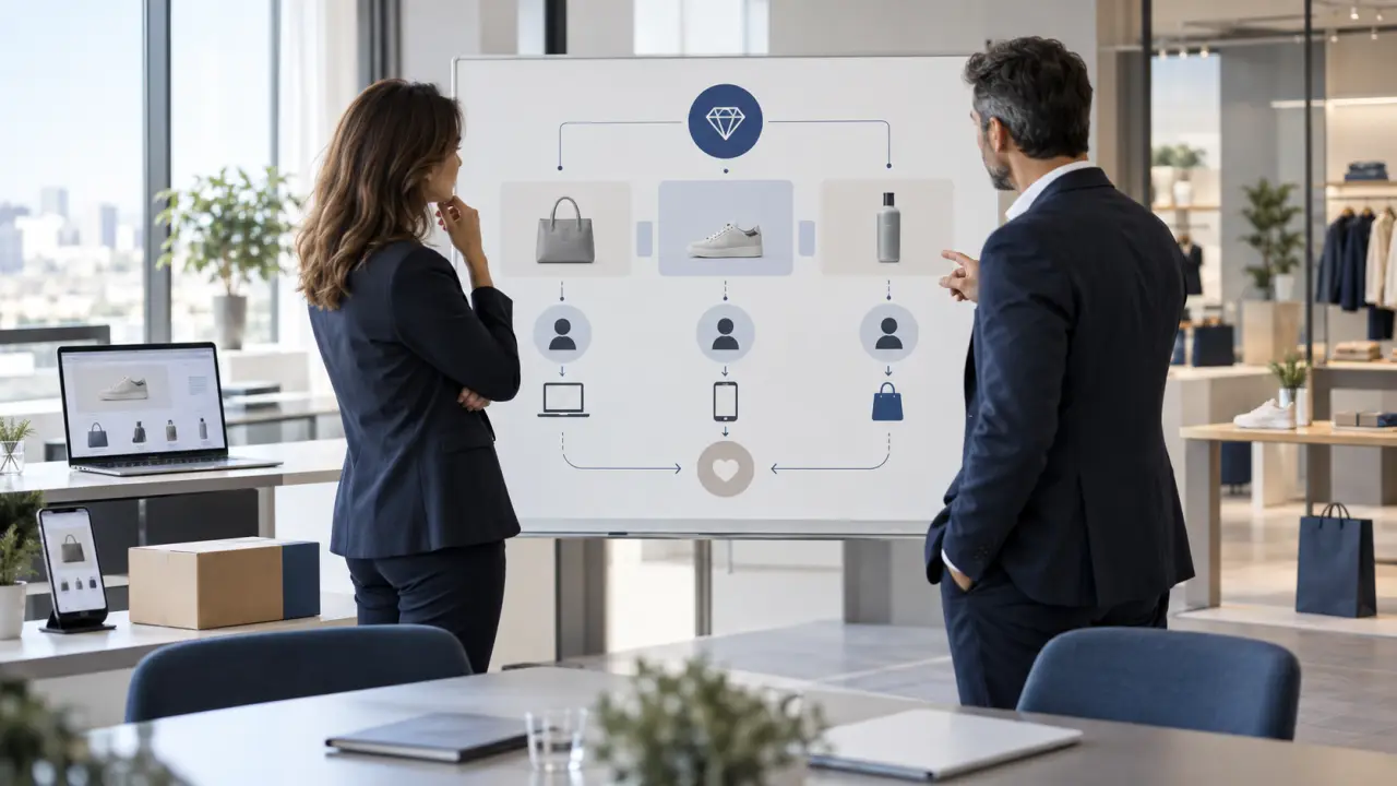 Équipe de direction analysant une stratégie commerciale omnicanale