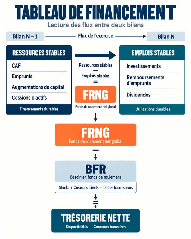 Infographie du tableau de financement reliant ressources stables, emplois, FRNG, BFR et trésorerie