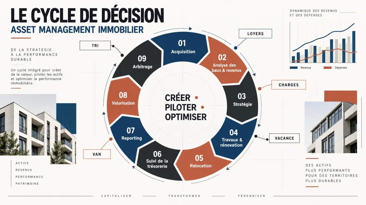 Infographie du cycle de gestion et de décision en formation asset management immobilier
