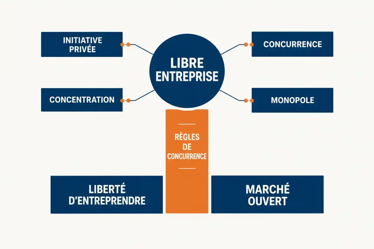 Schéma de la libre entreprise : liens entre initiative privée, concurrence, concentration, monopole et règles de concurrence