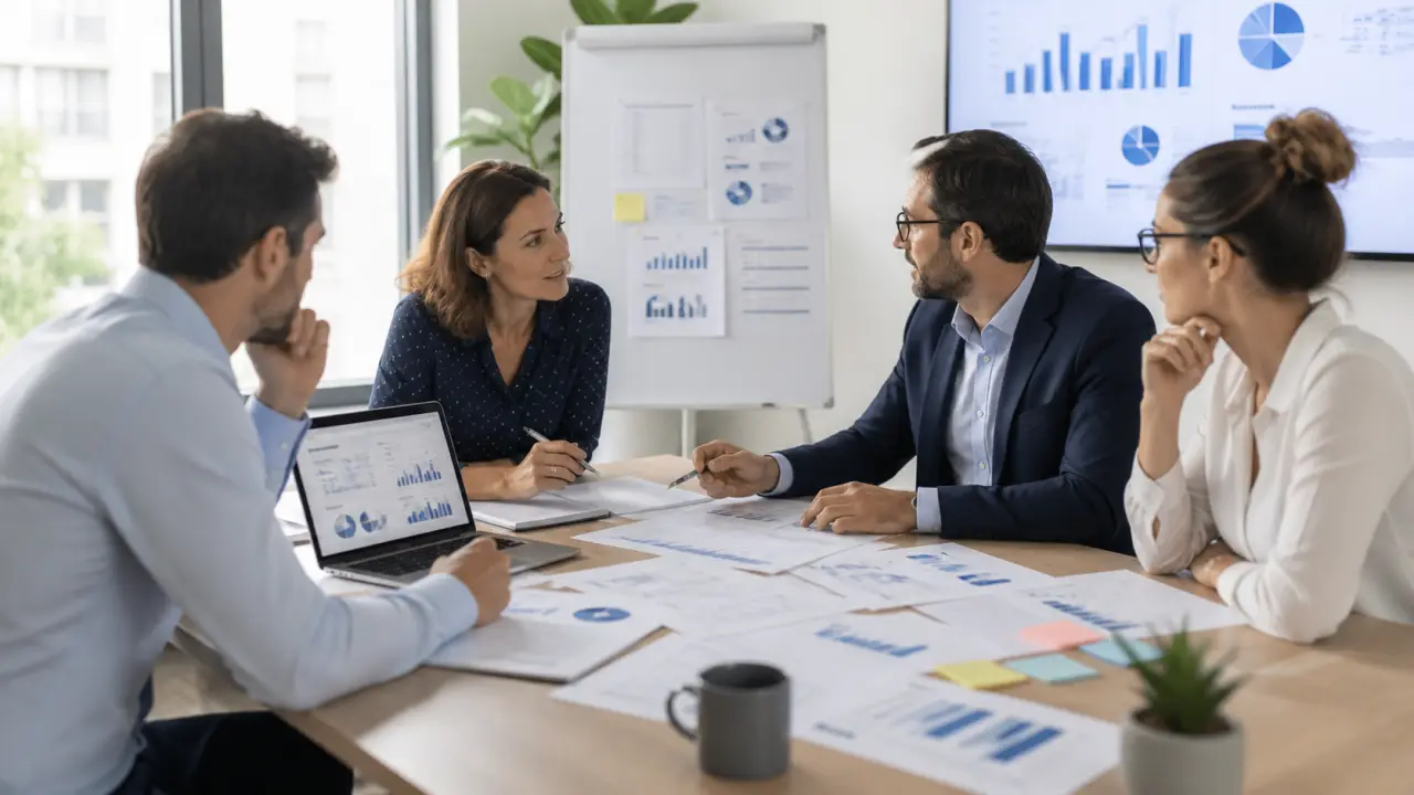 Bureau moderne et équipe en réunion stratégique dans un environnement corporate lumineux
