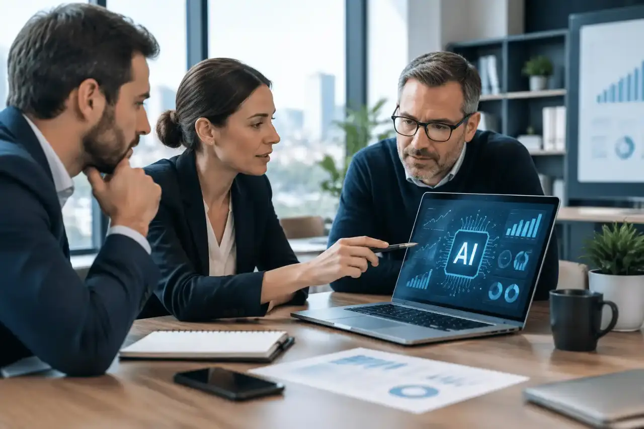 Équipe dirigeante en réunion autour d'une stratégie digitale et de données d'entreprise