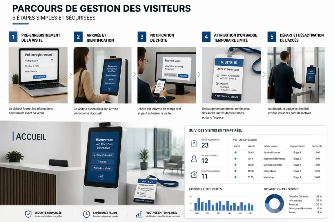 Parcours de gestion des visiteurs en entreprise, de l'enregistrement à la désactivation du badge temporaire